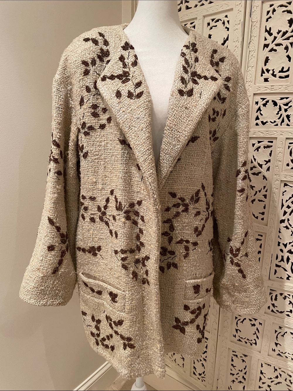 RARE VINTAGE Fendi SILK Cream Bouclé Blaze ,Brown copper threadFloral Motif